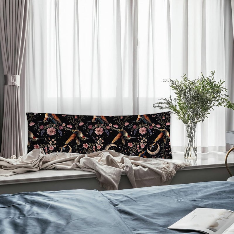 Exqcom Vintage Moody Dark Floral Hummingbird Moon Body Pillow Cover 20x54, Dark Academia Cottagecore Gothic Witchy Tropical Bird Long Body Pillow Case Cover with Hidden Zipper for Sofa Bed Home Room - Image 5